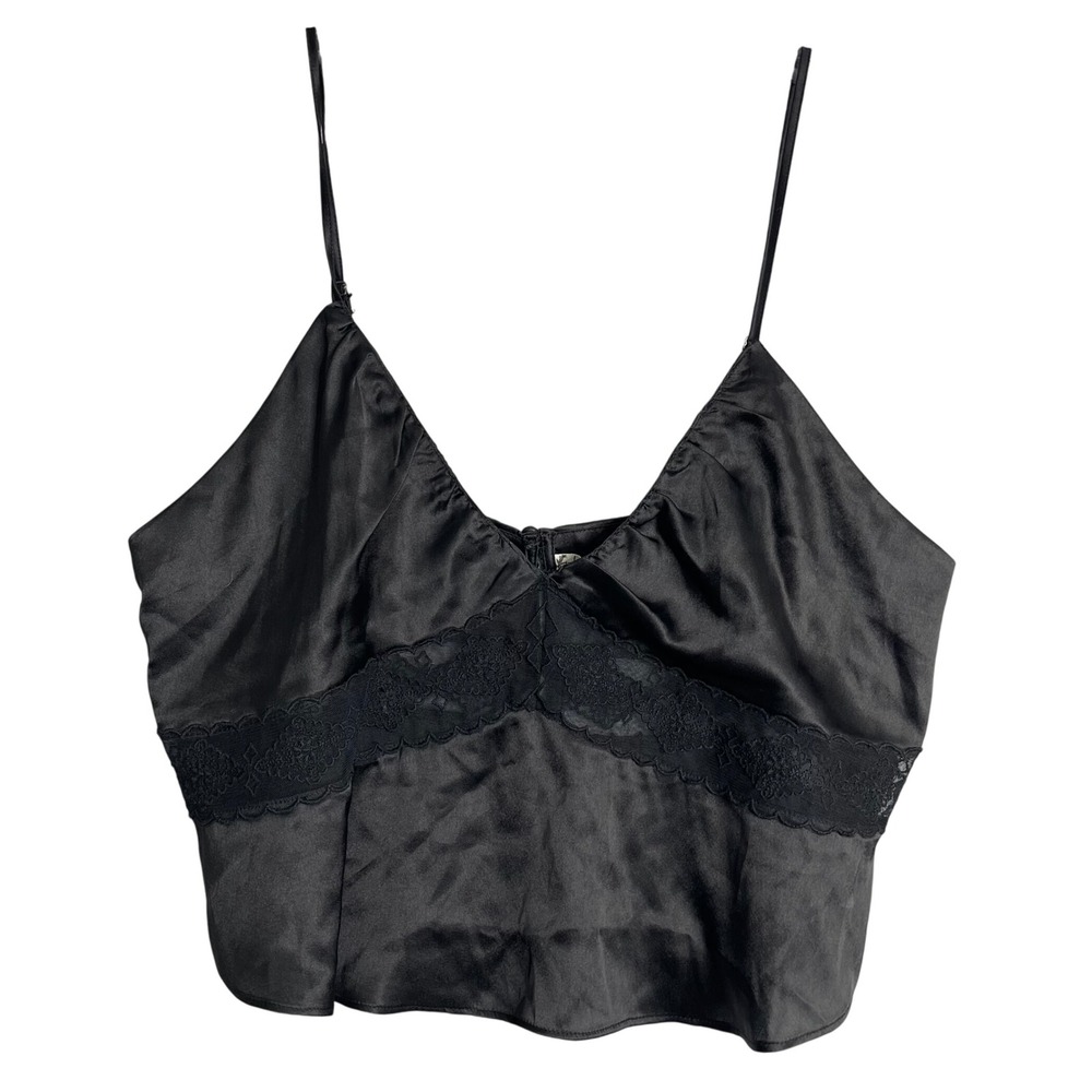 Intimately Free People Satin Lace Cami Top‎ Womens L Black V Neck Crop Sexy